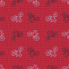 Groovy style bicycles seamless pattern on grid distorted background. Sport aesthetic print for fabric, paper, textile. Doodle illustration.