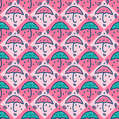 Obraz premium Autumn harmony seamless pattern with rainy umbrellas and leaves. Perfect season design for paper, textile and fabric. Hand drawn illustration.