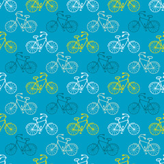 Rolling road adventure seamless pattern with doodle bicycles. Perfect print for paper, textile and fabric. Hand drawn illustration.