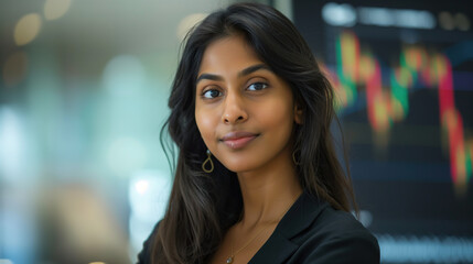 Obraz premium attractive indian business woman in her late thirties, wearing black suit and standing against stock market charts on the screen 