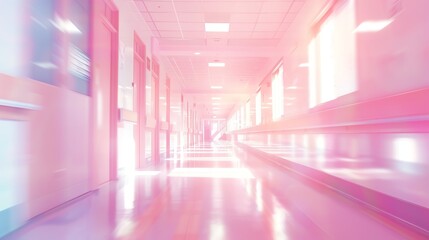 Abstract image of a modern hospital hallway with a bright and surreal pink lighting effect, creating a futuristic ambiance.