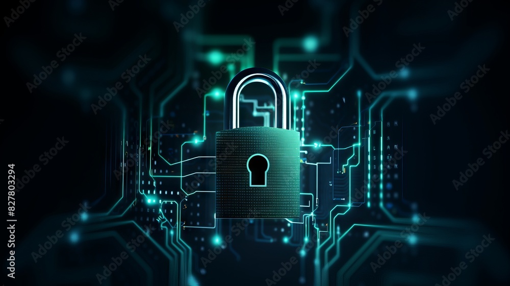 Poster secure your digital world: cyber security technology with digital padlock on dark blue background, s