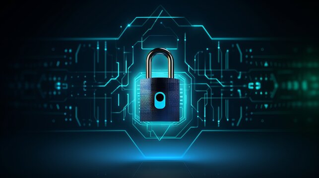 Secure your digital world: cyber security technology with digital padlock on dark blue background, safeguarding against fraud and protecting privacy data networks.

