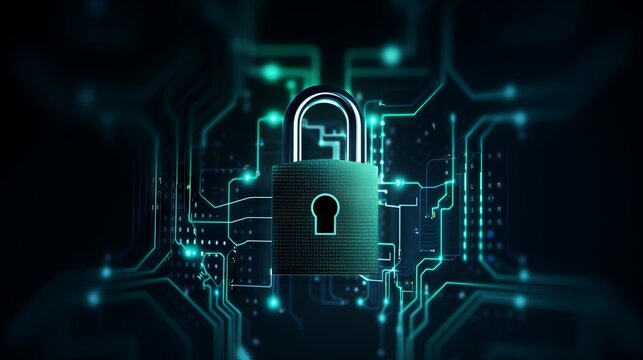 Secure your digital world: cyber security technology with digital padlock on dark blue background, safeguarding against fraud and protecting privacy data networks.

