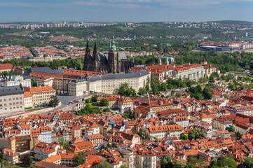 Hradcany Castle Hill with St Vitus Cathedral dominating over historical Mala Strana district seen...