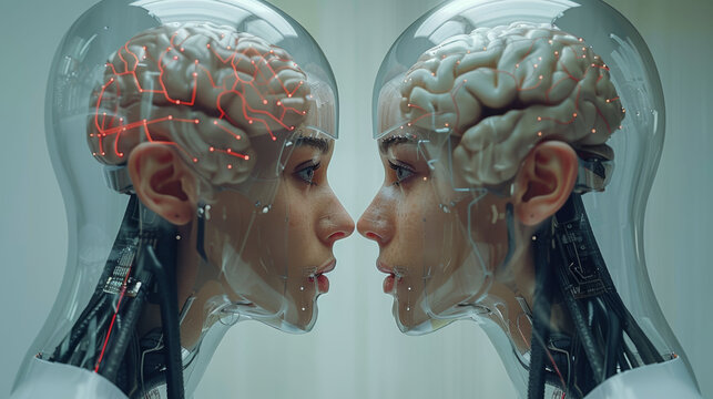 Two AI humanoid figures with visible brains communicate in a surreal, mirrored encounter.