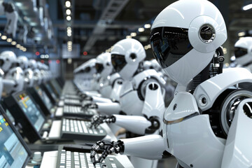 Row of identical robots at workstations, signifying uniformity and precision in futuristic automation.