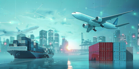 Fototapeta premium Illustrated cargo ship and airplane in a futuristic trade route concept.