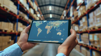 Hands holding a digital tablet displaying a world map amidst vast warehouse shelves brimming with goods.