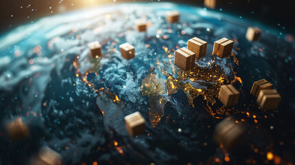 Abstract cosmic scene with cubes orbiting an ethereal Earth, evoking a sense of wonder.