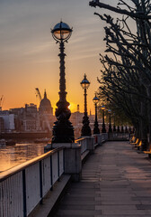 River Thames riverbank near Waterloo Bridge in the morning, London, South Bank