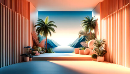 A serene indoor scene with palm trees, tropical plants, and a picturesque ocean view framed by modern architecture in warm and cool tones, creating a tranquil ambiance.