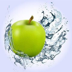 Green apple under splashes of water on a light background.