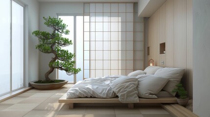 Serene bedroom with a Japanese futon bed, tatami mat flooring, and a bonsai tree beside a shoji screen