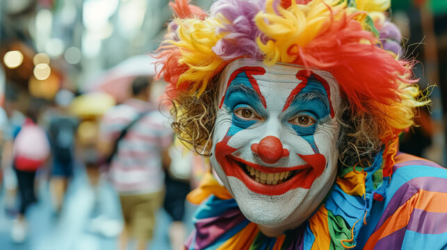 A clown with a big smile on his face and a colorful hat. He is wearing a red nose and has blue and yellow face paint