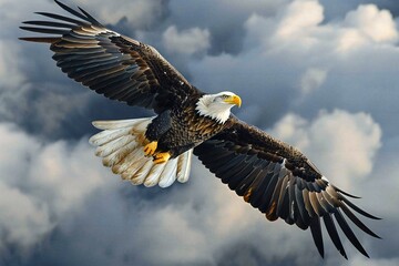 Bald eagle inflight above clouds, high quality, high resolution