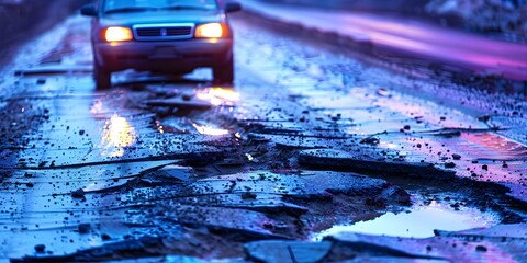 Illuminated car headlights highlighting hazards on damaged road with potholes and cracks. Concept Car Safety, Hazard Awareness, Road Conditions, Pothole Detection, Vehicle Maintenance