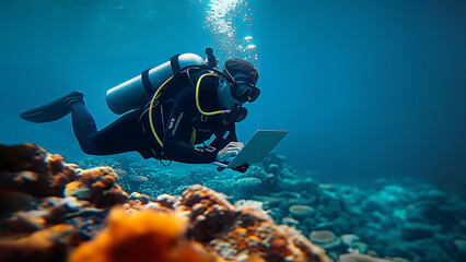 A scuba diver is working on a laptop underwater. Perfectly encapsulates the limitless possibilities of remote work and video conferencing.