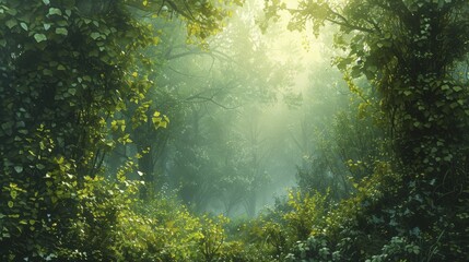 Obraz premium A dense, magical forest scene with intricately detailed ivy and foliage, wide angle with lush greenery, creating a sense of depth and natural beauty.