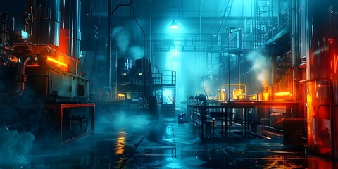 Night shot of secret underground factory in city producing mysterious technology. Concept Night Photography, Underground, Factory, Technology, Mystery