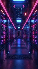 Fototapeta premium A high-tech server room with futuristic lighting and digital displays, perspective shot with glowing lights, showcasing advanced technology and modern aesthetics.