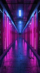 Fototapeta premium A neon-lit hallway filled with futuristic server racks, perspective shot with glowing lights, showcasing advanced technology and modern aesthetics