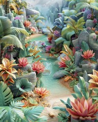 Fototapeta premium A playful 3D tropical scene with exaggerated natural elements, aerial view with vibrant hues, offering a whimsical and fun twist on paradise.