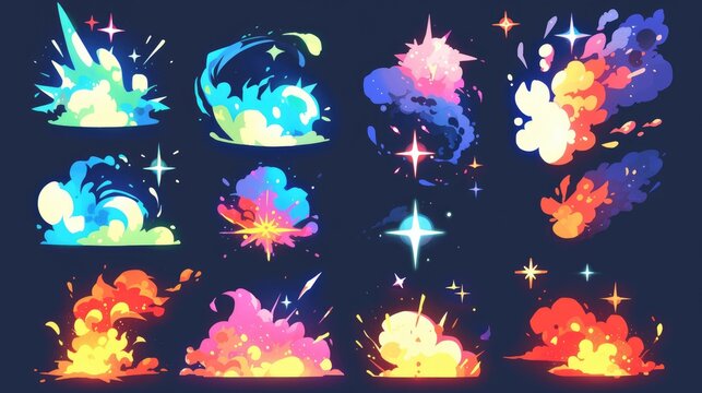 Explore a captivating assortment of timeless 2D cartoon FX effects featuring 10 dynamic elements question mark exclamation mark flash span smoke blow multicolored glitter steam stars and sp