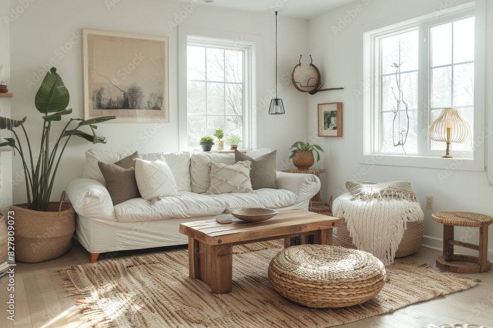 Wall mural Scandinavian-Inspired Living Room Light wood furniture, white walls, and cozy textiles. Minimal decor with a focus on comfort and simplicity.