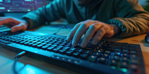 An advanced hacker types furiously on a keyboard, their fingers a blur as they delve deeper into the digital realm
