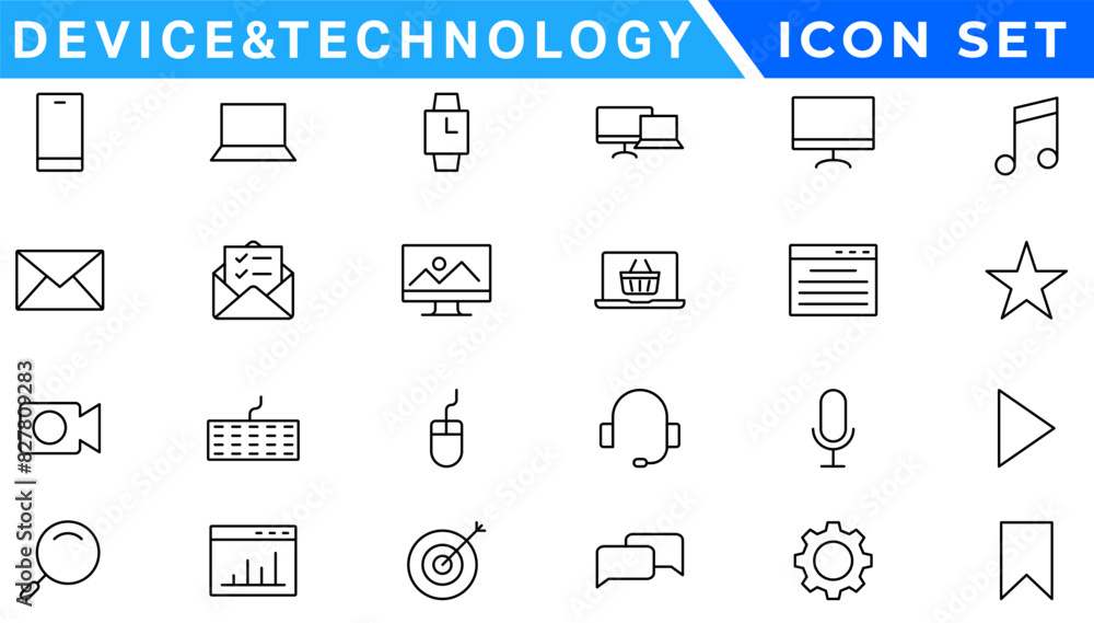 Aufkleber set of 24 device and technology web icons in line style. computer monitor, smartphone, tablet and la