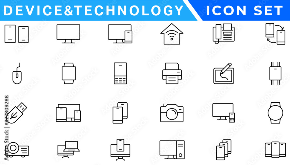 Poster set of 24 device and technology web icons in line style. computer monitor, smartphone, tablet and la