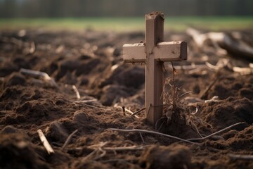 Solitary Wooden Cross Amidst A Ploughed Field. A Symbol Of Faith And Resilience. Generative AI