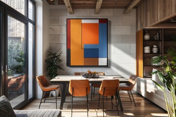 Dining Room with Abstract Wall Art Simple dining table, abstract wall art, and minimalist decor. Clean lines and modern design.