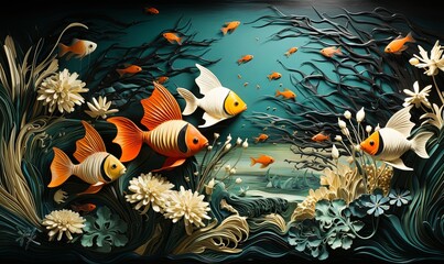 Fish and Plants Painting on Black Background
