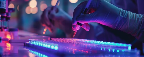 Innovative genetic lab using CRISPR technology to edit genomes with precision tools glowing under UV light