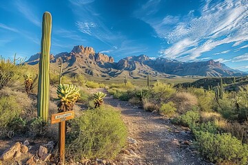 Illustration of panoramic photo of the arizona desert, cacti and mountains in the background, blue sky with some clouds, green plants on the ground.