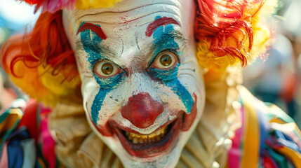 A clown with a big smile on his face and a colorful hat. He is wearing a red nose and has blue and yellow face paint