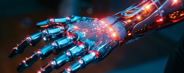 High-tech prosthetic limbs offering real-time biomechanical feedback via glowing sensors and digital screens