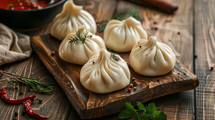 Delicious Georgian khinkali arranged on a wooden kitchen board