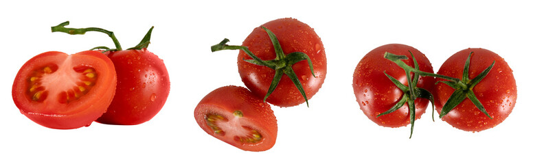 Tomato with drops transparent. Wet tomatoes with three different looks