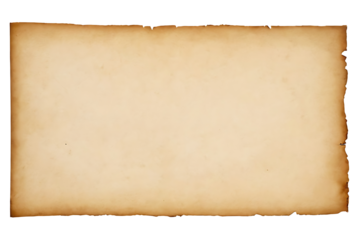 A blank sheet of aged parchment paper with a vintage look, featuring worn edges and a brownish hue. Ideal for historical or antique-themed designs, invitations, scrapbooking, or as a textured backgrou