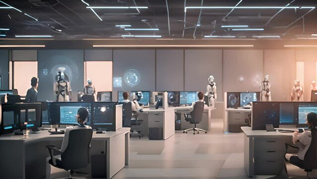 People sitting at desks in an office with Microsoft Plus on the floor