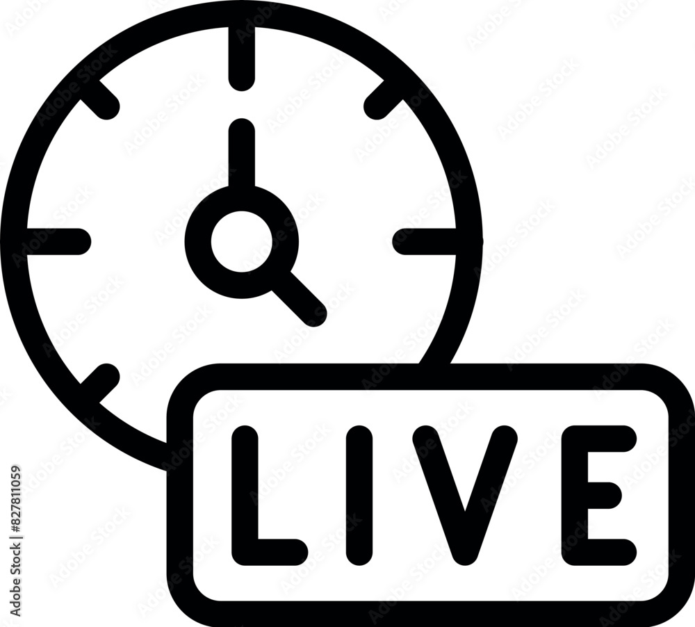 Poster flat line icon featuring a clock and 'live' sign, representing realtime broadcasting