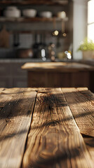 Close up of wooden table with blurred kitchen interior in the background