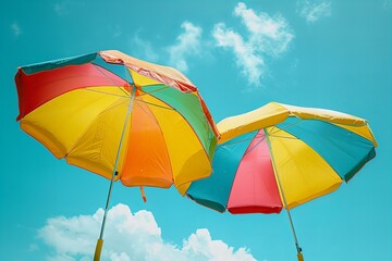 Two colorful umbrellas on a blue sky background, high quality, high resolution