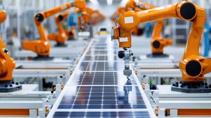  Line with Industrial Robot Arms at Modern Bright Factory. Solar Panels 