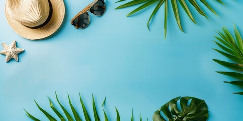 Tropical travel accessories setup, flat lay, top view. Banner with copy space