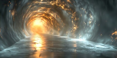 Passage through a mysterious tunnel symbolizing the transition from life to an unknown afterlife realm. Concept Mysterious Tunnel, Life Transition, Afterlife Realm, Symbolism