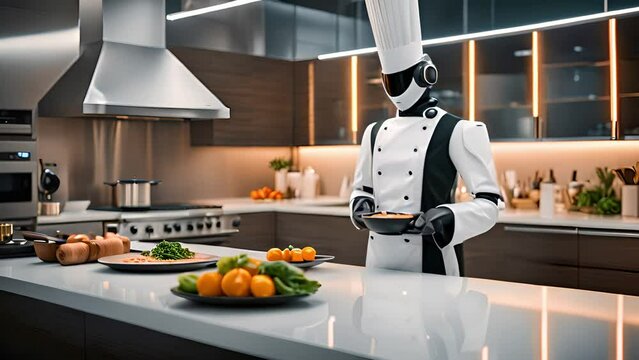 In a kitchen, a robot chef is standing and holding a bowl of food